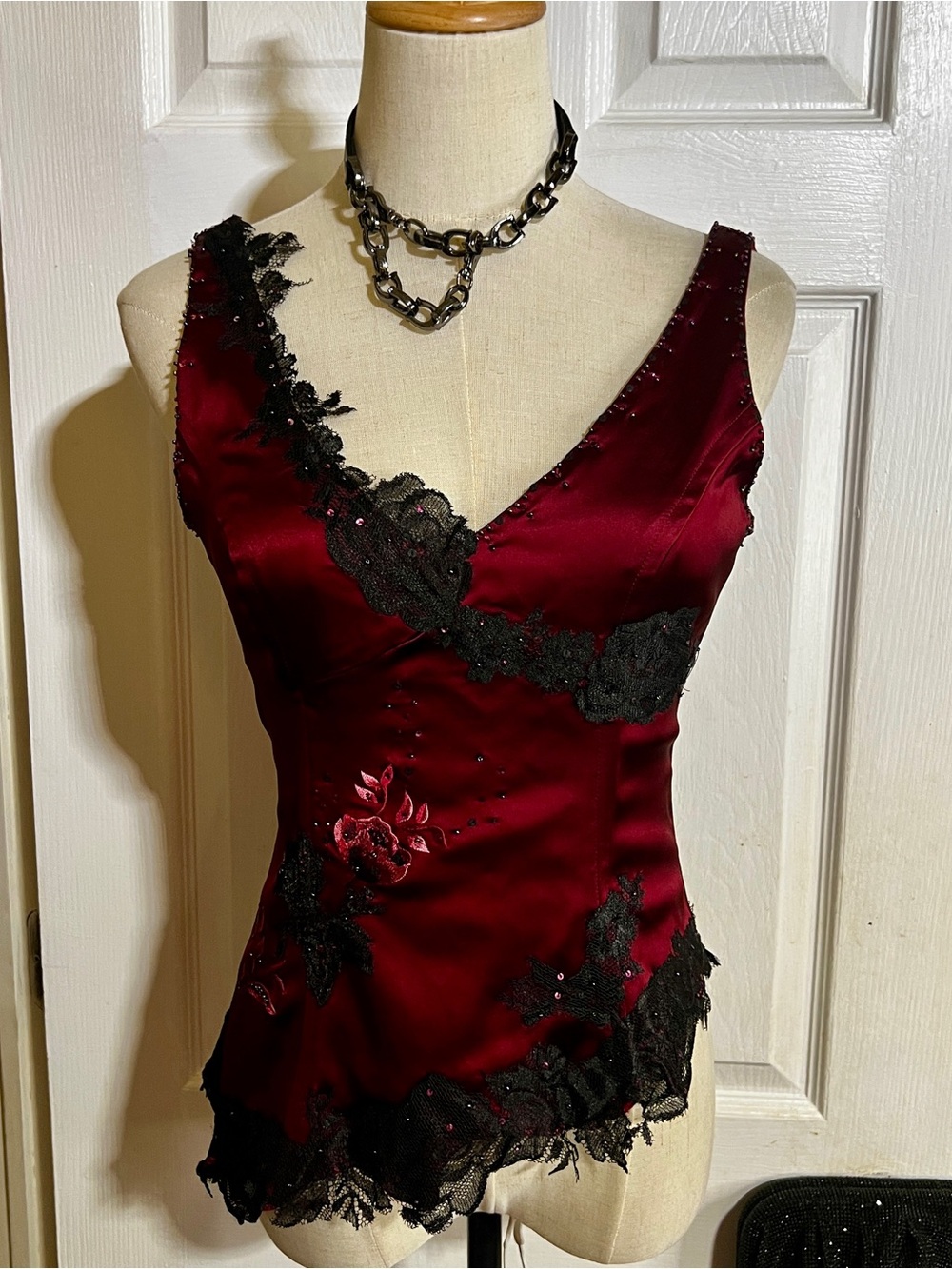 New Papell Evening Vtg Wms Burgundy Satin Beaded Lace Asymmetric V Neck Corset 4
